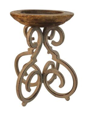 Pier 1 Candle Holder Wood Iron Scroll Base Rustic White Farmhouse Decor 7”